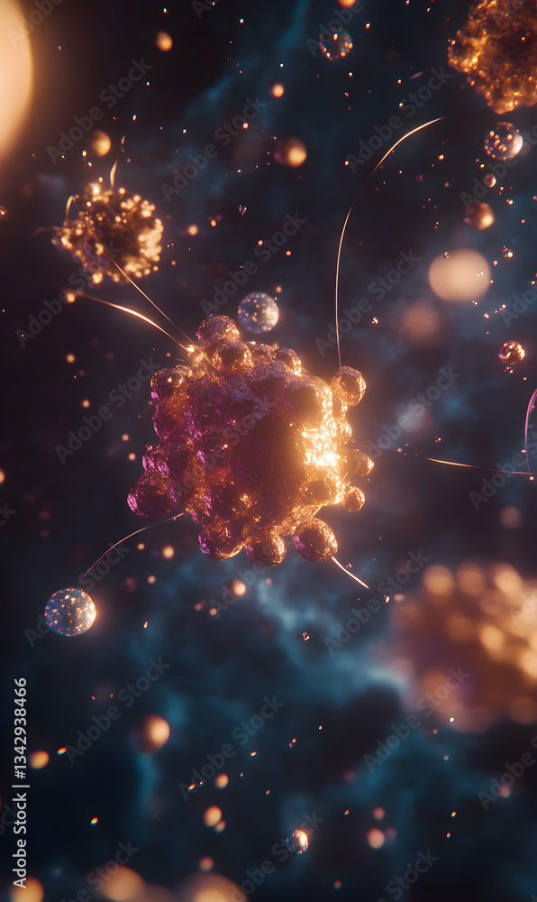Poster complex atomic structure visualization reflecting light and energy among cosmic particles