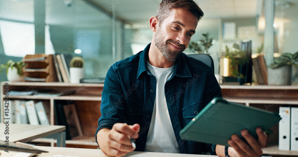 Aufkleber Tablet, reading and smile with business man in office for planning, ui designer and app review. Developer solutions, client feedback and research with person in agency for project idea and startup