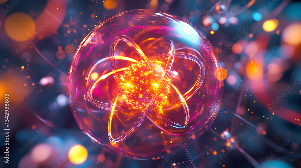 Poster illustrative image displaying an atom structure model with glowing elements and depth effect