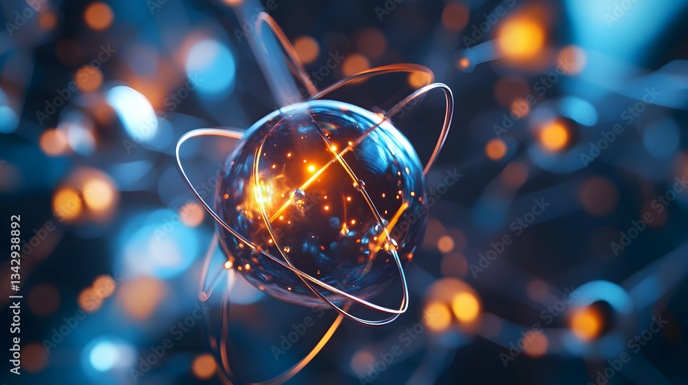 Poster captivating rendering displays a stylized atom with glowing elements and dynamic orbiting trails