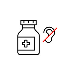 Bottle of pill tablets and ear crossed symbol. Audiologist, otolaryngologist treating hearing loss. Health medication designed for deaf or hard-of-hearing patients. Pixel perfect, editable stroke vect