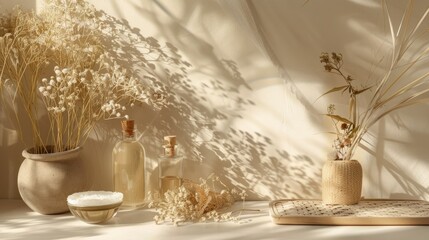 Fototapeta premium A beautiful top-down flat lay of natural skincare products, spa tools, and delicate flowers.