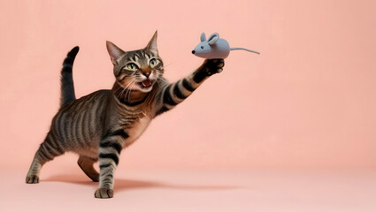 Obraz premium Cat playtime routines concept Playful cat holding a toy mouse against a pink background.