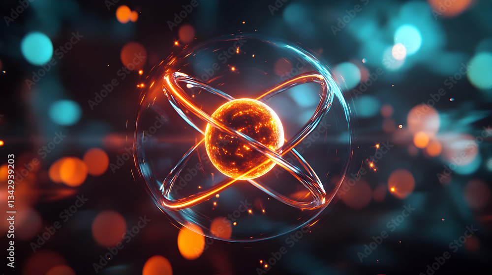 Aufkleber energetic atomic nucleus concept with glowing electrons and bokeh background element