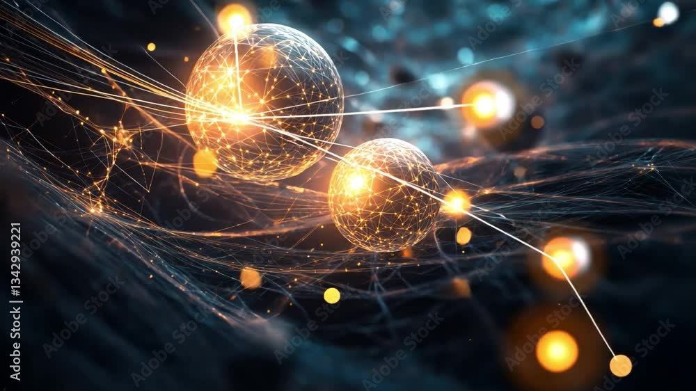 Poster glowing spheres and cosmic web: an eye-catching artwork visualizing interconnected glowing spheres w