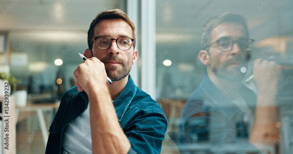 Poster Reflection, thinking and business man in office for problem solving, decision and creative mindset. Planning, vision and serious worker with inspiration, idea and writer with pen by glass in startup