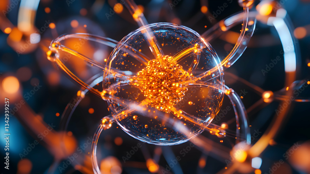 Poster detailed representation of atomic structure with circular paths and glowing core elements