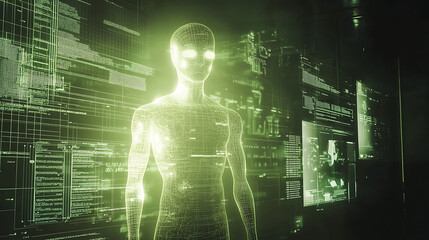 Futuristic Digital Humanoid with Holographic Screens