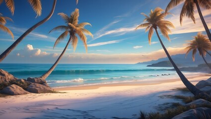 Paradise Beach: Capturing a scenic view of a tropical beach, under the summer sky, gentle waves embrace the sands with the swaying palm trees.