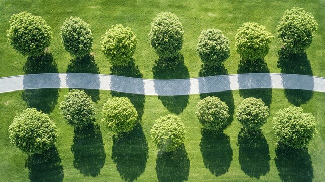 Green lawn, trees, pathway.  Top view of meticulously manicured parkland