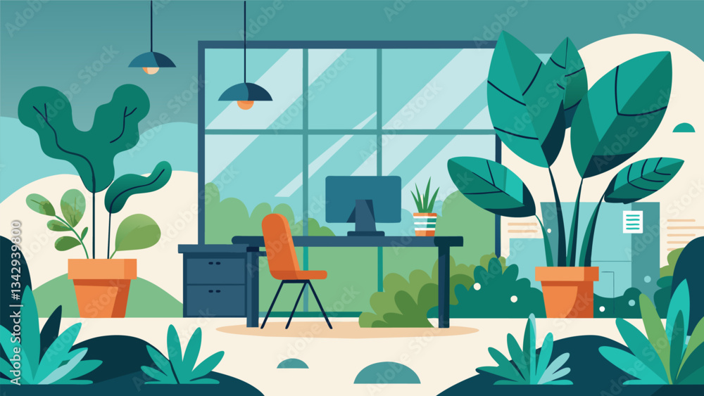 Poster a quiet nature room filled with plants and natural elements creating a serene atmosphere for employe