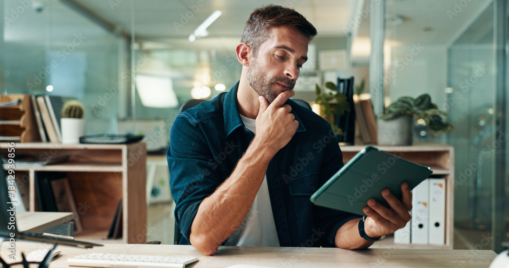Aufkleber Tablet, thinking and reading with business man in office for planning, ui designer and app review. Developer solutions, reflection and research with person in agency for project idea and startup