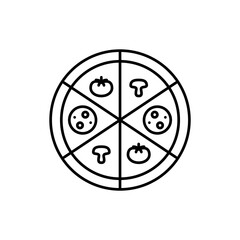 6 slices pizza with toppings. Tomatoes, salami and mushrooms. Fast food, delivery. Pixel perfect, editable stroke vector icon