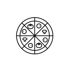 8 slices pizza with toppings. Tomatoes, salami and mushrooms. American fast food, delivery. Pixel perfect, editable stroke vector icon