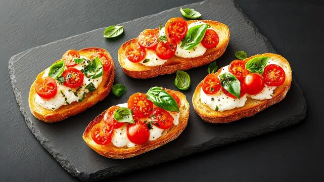 Fresh bruschetta with tomatoes and basil on slate platter