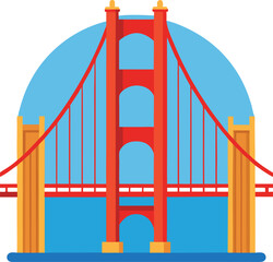 Golden Gate Bridge vector illustration, A vector illustration of the Golden Gate Bridge, with its iconic red towers and suspension cables against a blue background.
