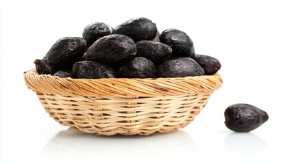 Fresh Black Olives in a Woven Basket with a Minimal Background