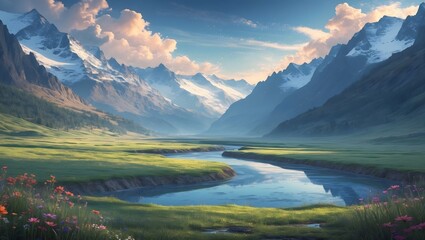 Mountain Vista: A breathtaking panorama of majestic, snow-capped mountains, a flowing river, and verdant meadows bathed in soft sunlight, capturing the serenity of a natural wonderland.