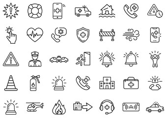 Emergency and Disaster Response Line Icons – Medical Assistance, First Aid, Fire Safety, Police, Ambulance, Rescue, Alert System, Natural Disasters, Crisis Management, and Emergency Call Services Icon