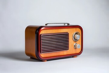 Obraz premium Wooden retro radio with knobs and a decorative handle sits