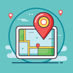 Map with location pins on tablet vector, A vector illustration of a tablet displaying a map with location pins, representing navigation and location services.
