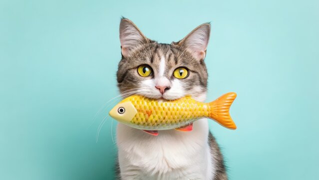 Cat playtime routines concept Cat holding a toy fish against a blue background.