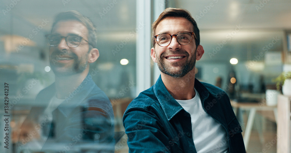 Poster reflection, thinking and happy business man problem solving, creative insight or professional mindse
