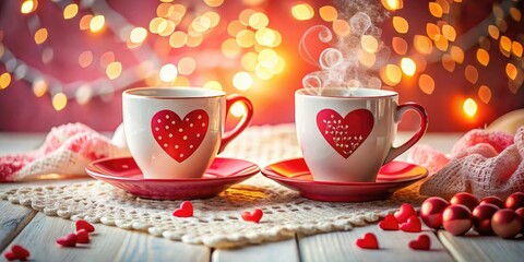 Fototapeta premium Bokeh-blurred coffee cups, hearts, and lace create a dreamy, romantic Valentine's scene.