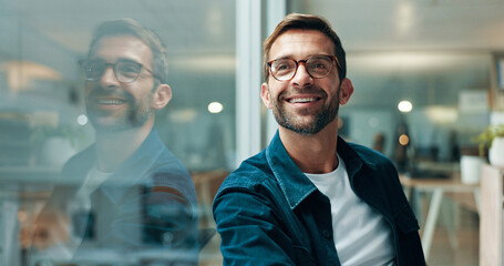 Reflection, thinking and happy business man problem solving, creative insight or professional...