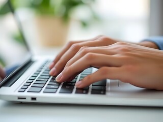 Close-up of Hands Typing on Laptop Keyboard, Work from Home, Writing, Online, Technology, Office, Computer, Internet, Freelance