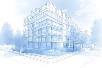 Modern High Rise Glass Office Building in a Snowy Urban Landscape