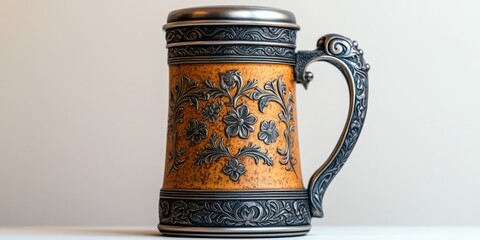 Ornate tankard standing on white surface with floral design