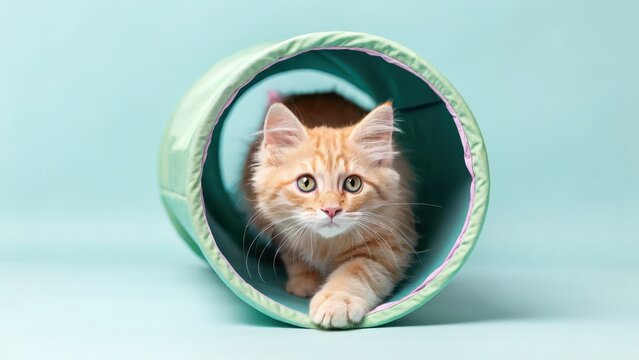 Cat playtime routines concept Playful cat emerging from a green tunnel on a pastel background.