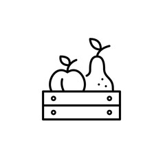 Plum and pear in wooden crate. Organic vegetables, green farmer produce. Fresh groceries, shopping and vegetarian diet. Pixel perfect, editable stroke vector icon