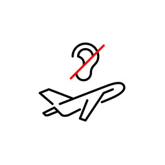 Airplane taking off and ear crossed. Quiet flight, no in-flight announcements. Hearing-impaired travel accessibility. Pixel perfect, editable stroke vector icon