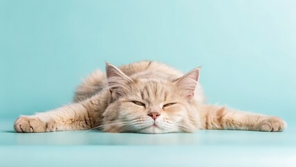Obraz premium Cat playtime routines concept A relaxed cat lying flat against a blue background.