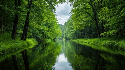 Fototapeta premium Stunning riverscape with reflections of towering trees, a quiet nature escape showcasing pristine outdoor environments.