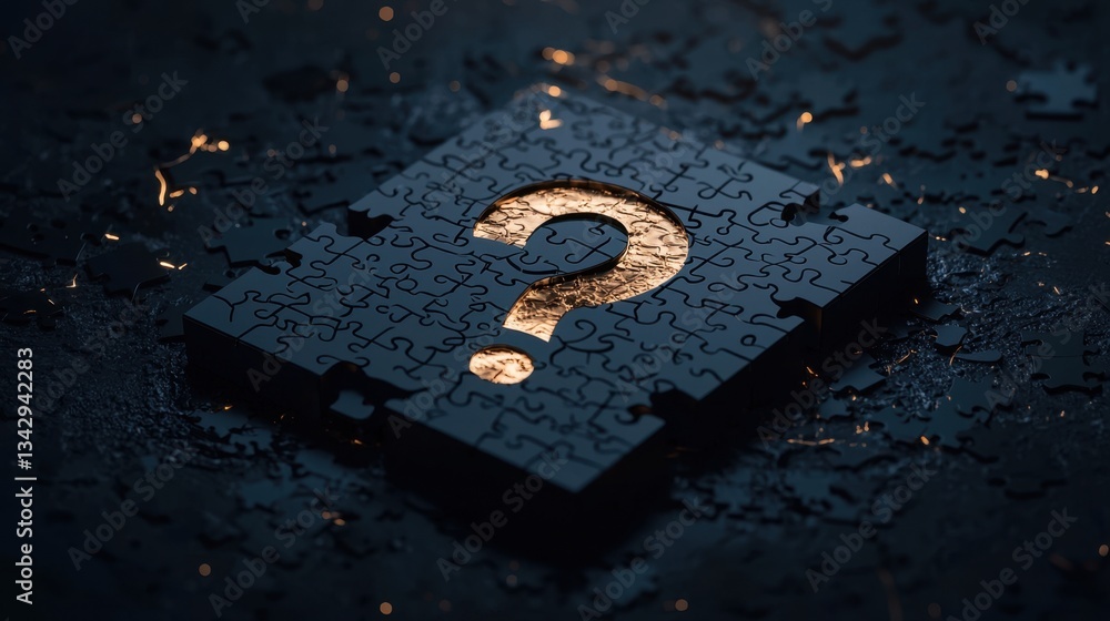 Poster surreal floating puzzle pieces forming a question mark, symbolic of incomplete destiny.