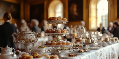 Elegant silverware displaying pastries for luxurious afternoon tea ceremony in palace