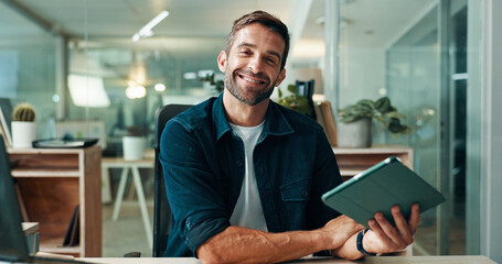 Tablet, portrait and smile with business man in office for planning, ui designer and app review....