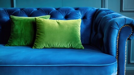 A blue velvet couch with a green cushion
