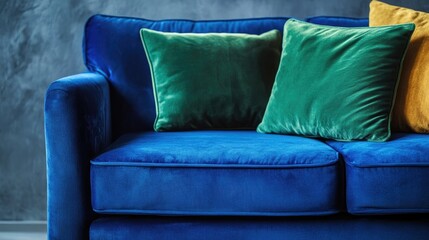 A blue velvet couch with a green cushion