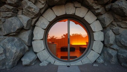 A transparent round-door cabin, built into a stone cave opening, with a warm interior glowing from within