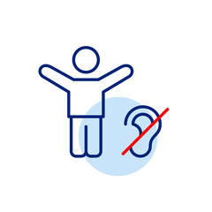 Person with arms raised in celebration and ear crossed out. Hearing impaired people support group. Inclusive work or society place. Pixel perfect, editable stroke vector icon