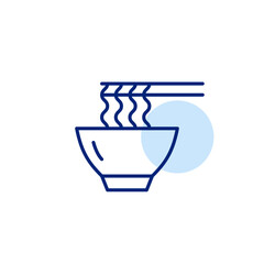 Bowl of ramen noodles and wooden chopsticks. Takeout hot soup. Pixel perfect, editable stroke vector icon