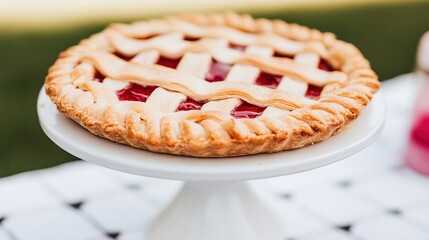 Outdoor picnic berry pie on cake stand, blurred background