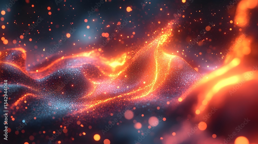Poster glowing particles form abstract waves across a dark background
