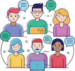 Vector illustration of people chatting with speech bubbles, Vector image of six people engaged in conversation with speech bubbles, symbolizing online discussion or group chat.
