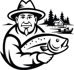 Fisherman proudly holding a large fish modern primum quality silhouette and line art vector illustration design