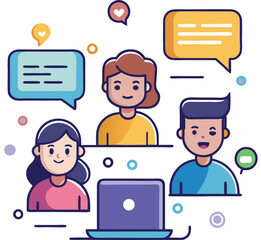 Online Conversation Vector Illustration with Laptop, A colorful vector illustration of people having an online conversation, with speech bubbles and a laptop, perfect for digital communication themes.